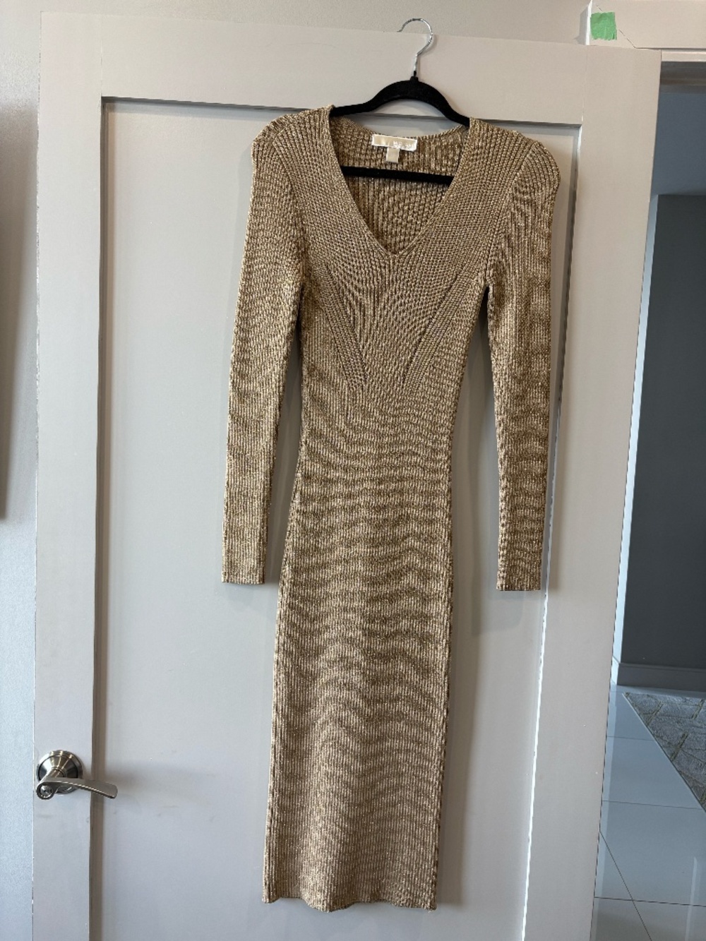 Michael Kors Gold Metallic Ribbed Midi Dress XS
